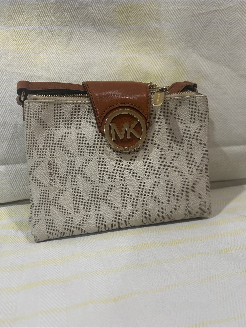 Michael Kors Fulton Beige Logo Crossbody with Brown Leather Trim GUC